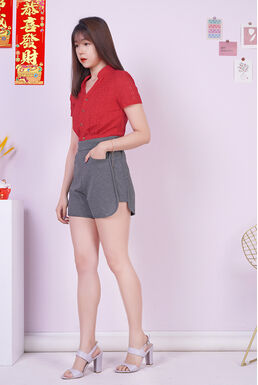 Collar V Neck Button Front Eyelet Top (Red)